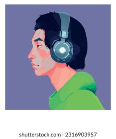 Asian man listens to music with headphones. Guy profile. Music therapy. Vector illustration in hand drawn style.