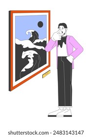 Asian man looking at japanese painting masterpiece 2D linear cartoon character. Guy enjoying museum artwork isolated line vector person white background. Gallery visitor color flat spot illustration