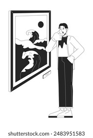 Asian man looking at japanese painting black and white 2D line cartoon character. Guy enjoying museum artwork isolated vector outline person. Gallery visitor monochromatic flat spot illustration