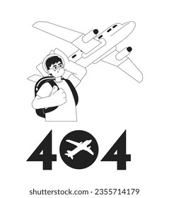 Asian man looking on plane black white error 404 flash message. Monochrome empty state ui design. Page not found popup cartoon image. Vector flat outline illustration concept