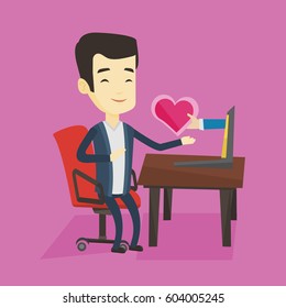 Asian man looking for online date on the internet. Young man using laptop and dating online. Man dating online and getting virtual love message. Vector flat design illustration. Square layout.