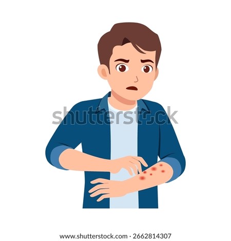 Asian man looking worried scratching his arm with red rash from allergies or other skin condition