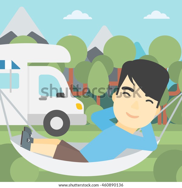 An asian man lying in a\
hammock in front of motor home. Man resting in hammock and enjoying\
vacation in camper van. Vector flat design illustration. Square\
layout.