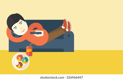 An asian man lying on a sofa holding a remote with three donuts on the plate and soda on the floor vector flat design illustration. Horizontal layout with a text space for a social media post.