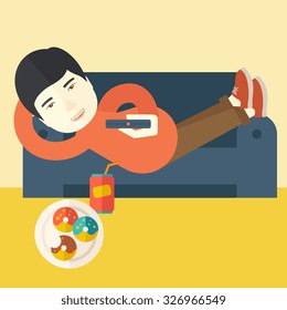 An asian man lying on a sofa holding a remote with three donuts on the plate and soda on the floor vector flat design illustration. Square layout.