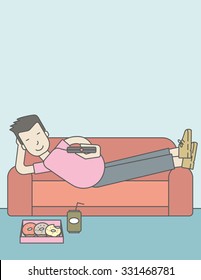 An asian man lying on a sofa holding a remote with three donuts on the plate and soda on the floor. Vector line design illustration. Vertical layout with a text space for a social media post.