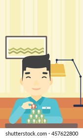 Asian man making pyramid of network avatars on the background of living room. Man building his social network. Networking and communication concept. Vector flat design illustration. Vertical layout.