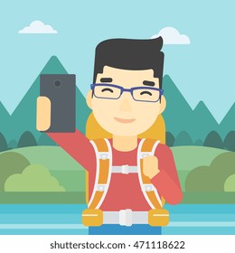 An asian man making selfie on the background of mountains. Man with backpack taking photo with cellphone. Vector flat design illustration. Square layout.