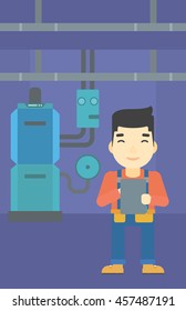 An asian man making some notes in his tablet on a background of domestic household boiler room with heating system and pipes vector flat design illustration. Vertical layout.
