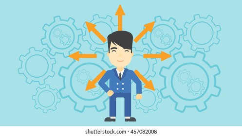 An asian  man with many arrows around his head standing on background with cogwheels. Concept of career choices. Vector flat design illustration. Horizontal layout.