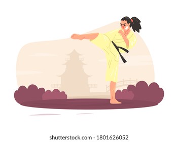 Asian Man Martial Art Fighter Character Wearing Kimono Performing High Kick Outdoors Cartoon Vector Illustration