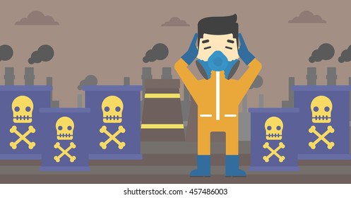 An asian man in mask and radiation protective suit clutching head while standing on a background of radioactive barrel. Vector flat design illustration. Horizontal layout.