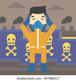 An asian man in mask and radiation protective suit clutching head while standing on a background of radioactive barrel. Vector flat design illustration. Square layout.