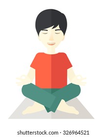 An asian man meditating in lotus pose vector flat design illustration isolated on white background. Vertical layout with a text space.