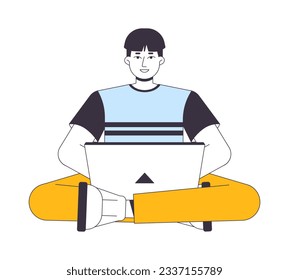 Hombre asiático con carácter vector de color de línea plana portátil. Programador de cuerpo completo con contorno editable con portátil en blanco. Ilustración simple de dibujos animados para el diseño gráfico web