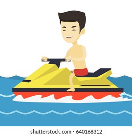 Asian man on water scooter in the sea at summer sunny day. Young sportsman sitting on a water scooter. Man training on a water scooter. Vector flat design illustration isolated on white background.