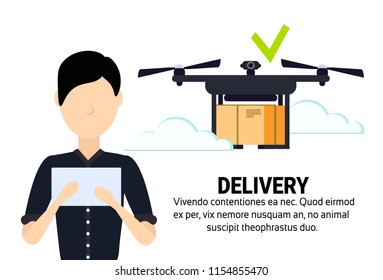 asian man operator drone flying geo tag delivery air package mobile application shipment carry quadcopter navigation isolated horizontal flat copy space vector illustration