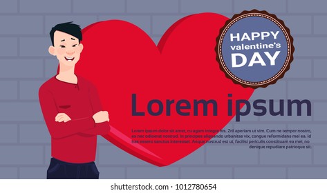 Asian Man Over Red Heart Template Background With Happy Valentines Day Label Flat Vector Illustration