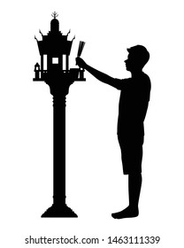 Asian man pay homage to spirit house silhouette vector