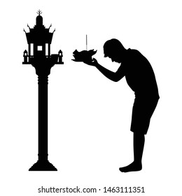 Asian man pay homage to spirit house silhouette vector