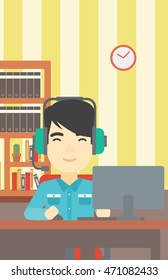 An asian man playing computer game on the background of living room. Gamer in headphones playing online games. Gamer using computer for playing game. Vector flat design illustration. Vertical layout.