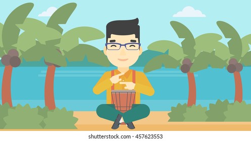 An asian man playing ethnic drum. Mucisian playing ethnic drum on the beach. Man playing ethnic music on tom-tom. Vector flat design illustration. Horizontal layout.