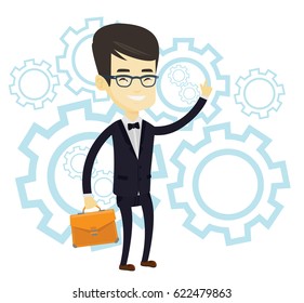 Hombre asiático señalando con el dedo porque se le ocurrió una idea de negocios. Hombre con una idea de negocio creativa. Concepto de idea de negocio exitoso. Ilustración de diseño plana vectorial aislada en fondo blanco.