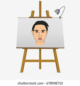 Asian man portrait. Art school. Hand drawn portrait vector stock illustration on easel