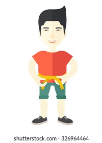 An Asian man practicing karate exercises vector flat design illustration isolated on white background. Sport concept. Vertical layout.