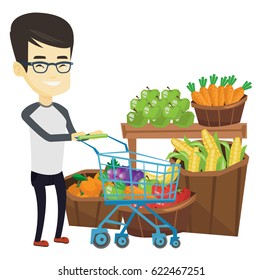 Asian man pushing supermarket cart with some products in it. Man shopping at supermarket with cart. Man buying products in supermarket. Vector flat design illustration isolated on white background.