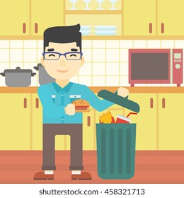 An asian man putting junk food into trash bin. Man refusing to eat junk food. Man throwing junk food on the background of kitchen. Diet concept. Vector flat design illustration. Square layout.