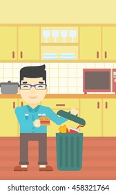 An asian man putting junk food into trash bin. Man refusing to eat junk food. Man throwing junk food on the background of kitchen. Diet concept. Vector flat design illustration. Vertical layout.