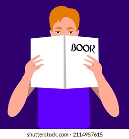 Asian man is reading a book. A guy with red hair is holding a book. Studies. Vector flat illustration.