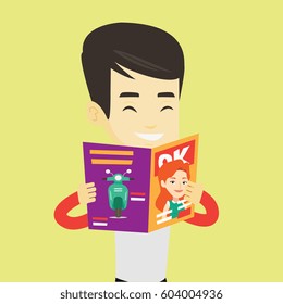 Asian man reading a magazine. Young man standing with magazine in hands. Man holding a magazine. Happy guy reading good news in a magazine. Vector flat design illustration. Square layout.