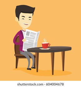 Asian man reading newspaper in a cafe. Young man reading the news in newspaper. Man sitting with newspaper in hands and drinking coffee. Vector flat design illustration. Square layout.