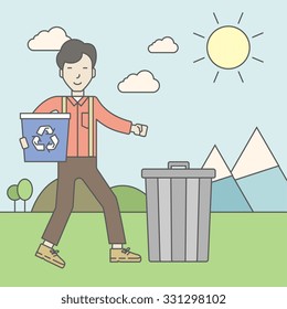An asian man with a recycle bin in hand and another bin on the ground. Vector line design illustration. Square layout.