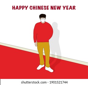 Asian man in red shirt wearing Anti virus mask and celebrating for chinese new year. Stay safe.