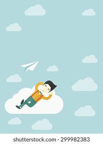 An asian man is relaxing while lying on a cloud with paper plane. A contemporary style with pastel palette soft blue tinted background with desaturated clouds. Vector flat design illustration