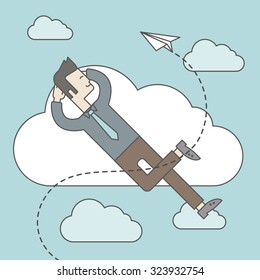 An asian man is relaxing while lying on a cloud with paper plane. Vector line design illustration. Square layout.