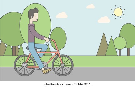 An asian man riding a bicycle in park. Vector line design illustration. Sport concept. Horizontal layout with a text space for a social media post.