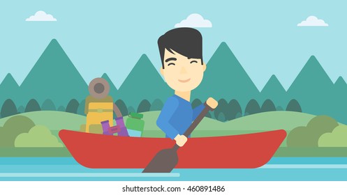 An asian man riding in a kayak on the river with a skull in hands and some tourist equipment behind him. Man traveling by kayak. Vector flat design illustration. Horizontal layout.