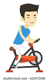 Asian man riding stationary bicycle in the gym. Man exercising on stationary training bicycle. Young man training on exercise bicycle. Vector flat design illustration isolated on white background.