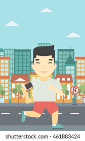 An asian man running with earphones and armband for smartphone. Man listening to music during running. Man running on a city background. Vector flat design illustration. Vertical layout.