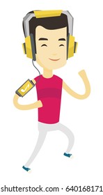 Asian man running with earphones and armband for smartphone. Young happy man using armband for smartphone to listen to music while running. Vector flat design illustration isolated on white background