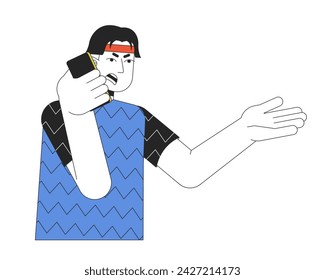 Asian man shouting into phone 2D linear cartoon character. Quarrel over smartphone guy isolated line vector person white background. Emotional gesture body language color flat spot illustration