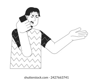 Asian man shouting into phone black and white 2D line cartoon character. Quarrel over smartphone isolated vector outline person. Emotional gesture body language monochromatic flat spot illustration