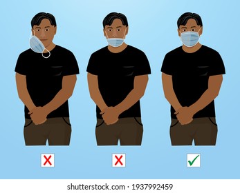 Asian man showing how to wearing protective mask correctly. The man presenting the correct method of wearing a mask.Common mistakes when wearing the mask.