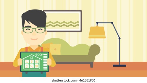 An asian man showing a tablet computer with smart home application on a screen on the background of living room. Vector flat design illustration. Horizontal layout.