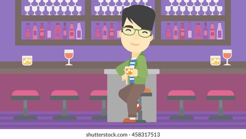 An asian man sitting at the bar counter. Man sitting with glass in bar. Cheerful young man sitting alone at the bar counter. Vector flat design illustration. Horizontal layout.