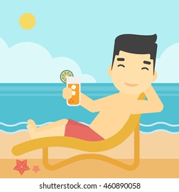 An asian man sitting in chaise longue and holding a cocktail in hand on the background of sand beach with blue sea. Vector flat design illustration. Square layout.